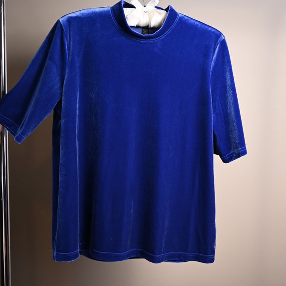 Lord & Taylor Petite Tops - 💗HOST PICK💗 Blue Velvet Top with Mock Neck and Short Sleeves- Petite L